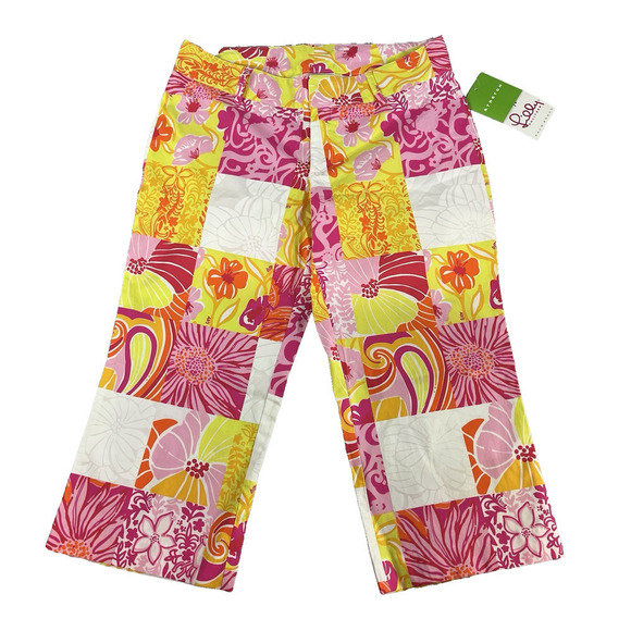 Lilly Pulitzer Rachael Capri Pants sz 4 Pet Kings Court Patch Pink Floral Cabs - Picture 2 of 8